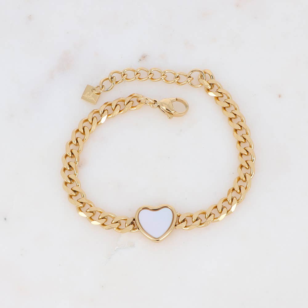 Pulsera Sweet dorada con corazón de nácar blanco